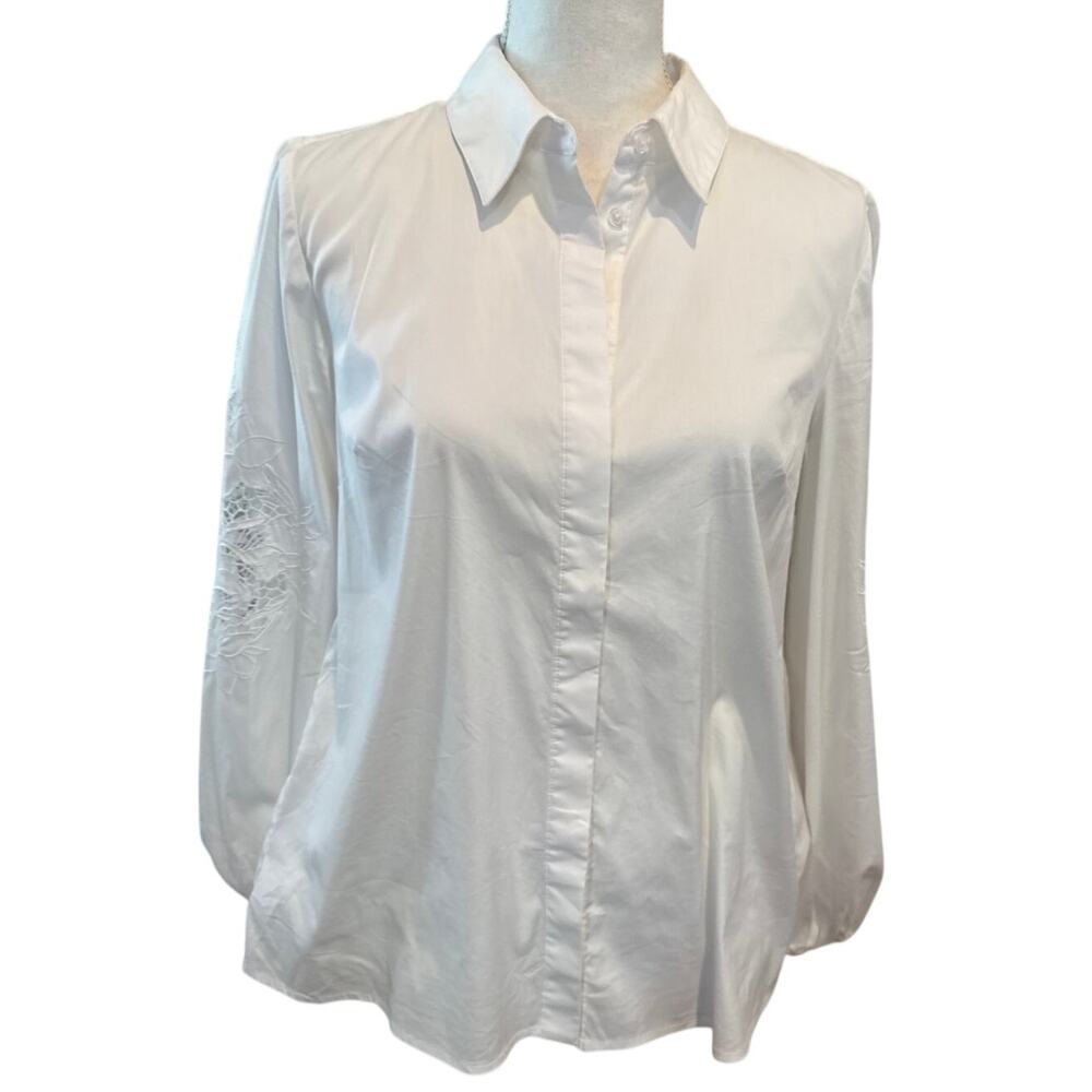 WHBM White House Black Market Button Down Shirt White Cutwork Sleeve